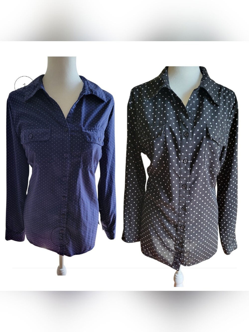 2 Tops Notations Polka Dot Button-Down Shirt - Navy & Black Career Bundle Medium